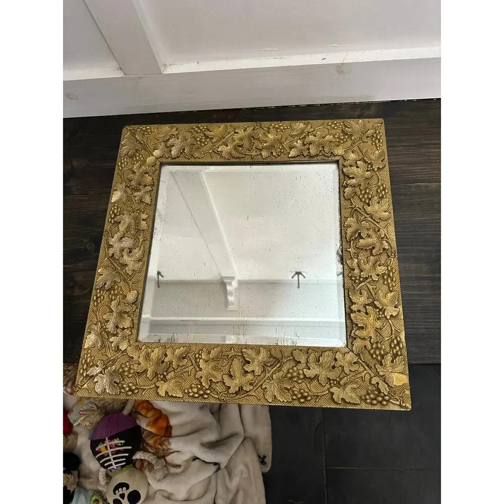 Vintage Square Wall Mirror Gold Gild Repousse’ Frame Ornate Vine & Fruit Motiff